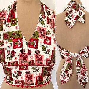 Vintage 50s-Inspired POP FLOWERS Halter Top *XL/40* Pink Red Boho Crop Top